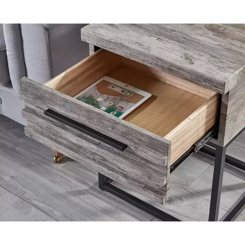Tavolino rustico Okak con cassetto e gambe in metallo, comodino con piano spesso, tavolino d'appoggio per divano, soggiorno, camera da letto 4