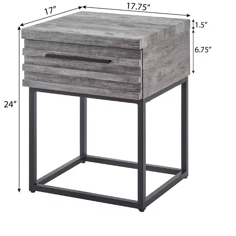 Tavolino rustico Okak con cassetto e gambe in metallo, comodino con piano spesso, tavolino d'appoggio per divano, soggiorno, camera da letto 7