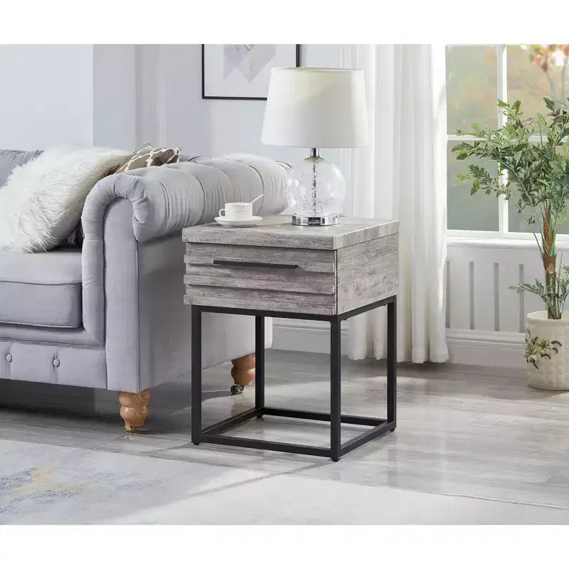 Okak Rustic Side Table with Storage Drawer and Metal Legs, End Table with Thick Tabletop, Accent Table for Sofa Side, Living Room, Bedroom
