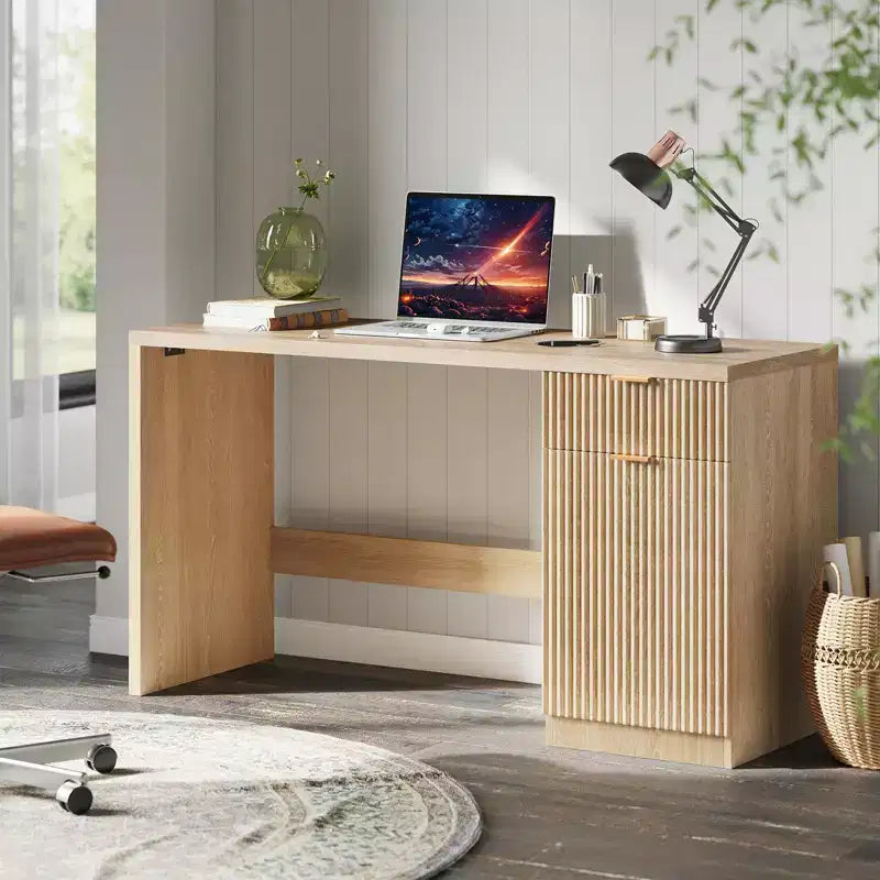 60 Executive Desk with Storage, Modern Home Office Desk with Drawer & Cabinet, Wood Fluted Computer Desks Workstation Writing Conference Table