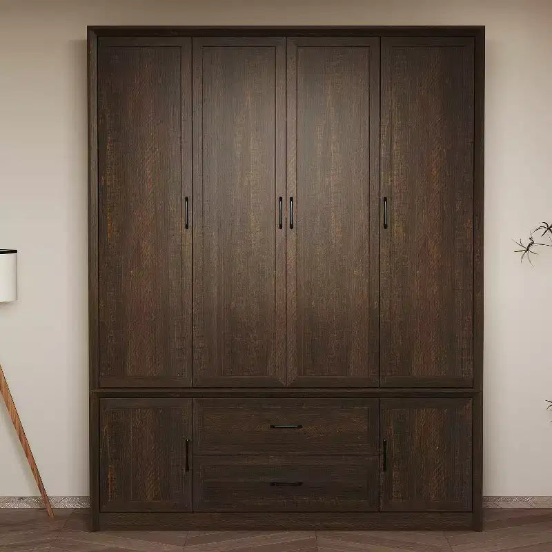 Famapy Modern Minimalist/Vintage Industrial 6-Door Wardrobe,Armoire with 2 Drawers,Hanging Rod,Bedroom & Closet Storage Center,White/Brown