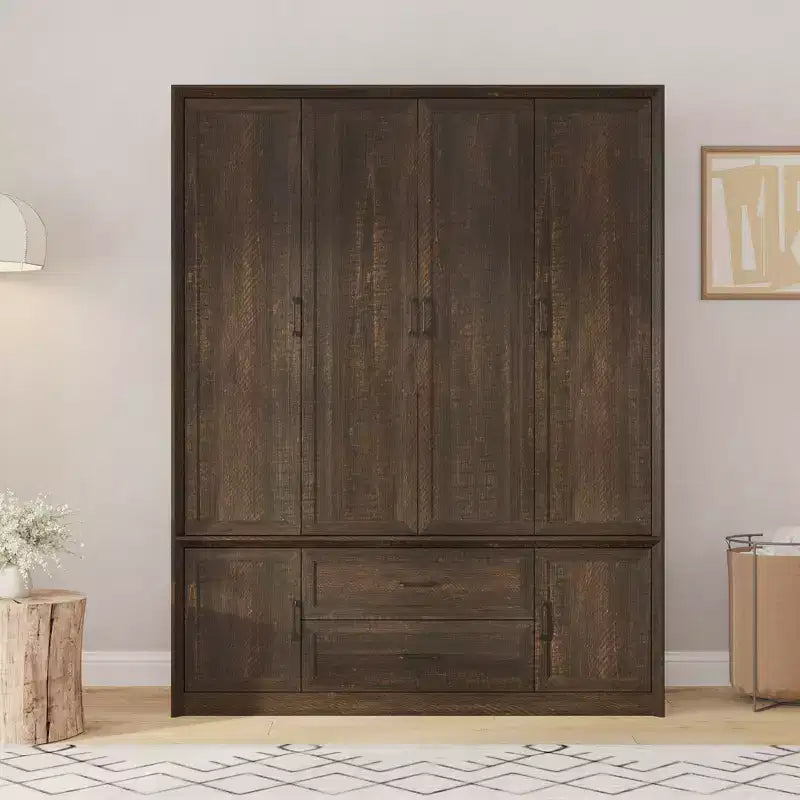 Famapy Modern Minimalist/Vintage Industrial 6-Door Wardrobe,Armoire with 2 Drawers,Hanging Rod,Bedroom & Closet Storage Center,White/Brown