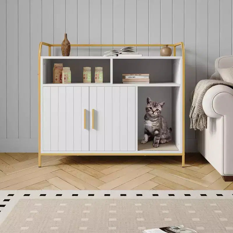 37.5-inch Modern Wooden Litter Box with Storage Shelf, Multi-functional Furniture-style Design with Ventilation Holes, Suitable for Most Litter Boxes