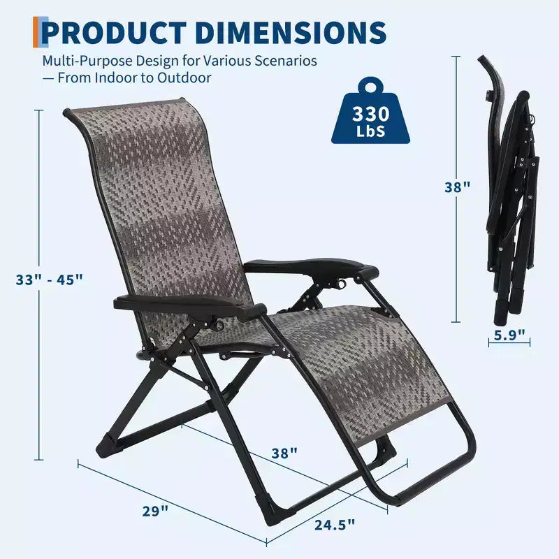 1 sedia reclinabile pieghevole in rattan da patio, regolabile e portatile, con struttura in ferro