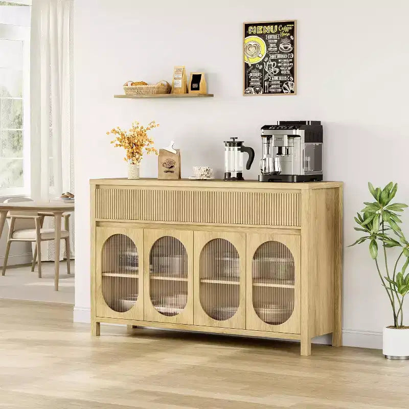 55 Large Sideboard Buffet Cabinet with Storage and 2 Fluted Drawer Front,Natural