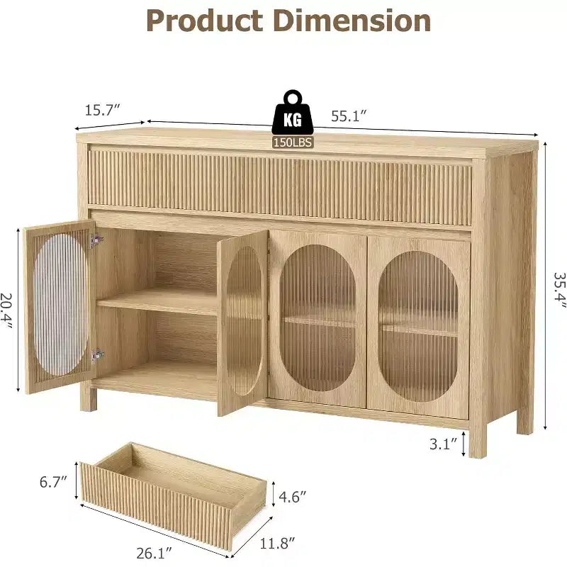 55 Large Sideboard Buffet Cabinet with Storage and 2 Fluted Drawer Front,Natural
