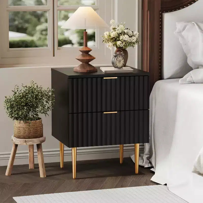 24Modern Fluted Nightstand with Charging Station & 2 Drawers, Gold & Wood Bedside Table with USB Ports & Outlets, for Bedroom, Apartment