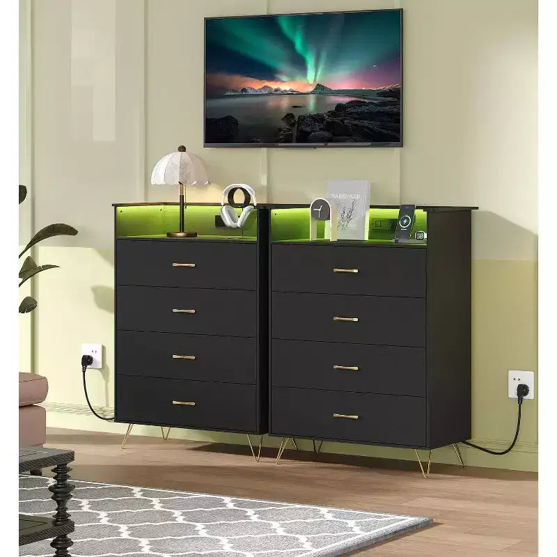 4-Drawer Dresser with RGB Lights & Charging Station, App Controlled Music Sync LED Dresser, Wooden Chest of Drawers for Bedroom, Closet, Living Room