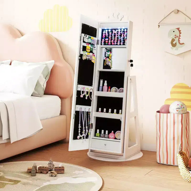 Costway Swivel Kids Jewelry Cabinet w/ Lights Full-Length Mirror & Built-in Mirror 12