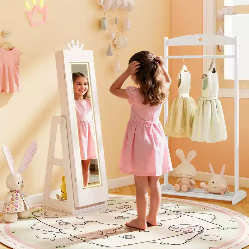 Costway Swivel Kids Jewelry Cabinet w/ Lights Full-Length Mirror & Built-in Mirror 13