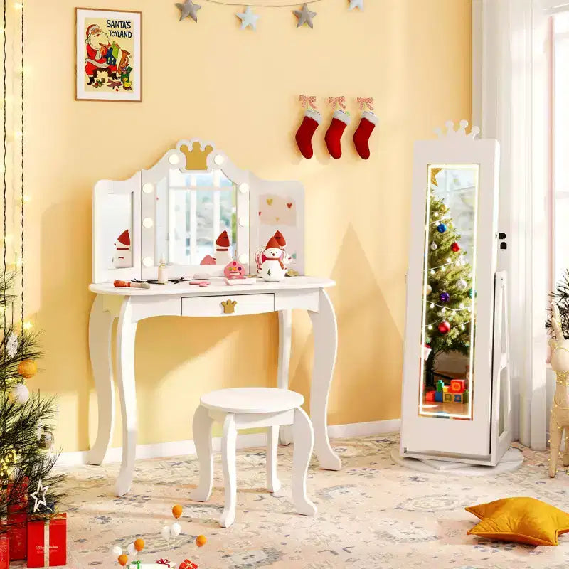 Costway Swivel Kids Jewelry Cabinet w/ Lights Full-Length Mirror & Built-in Mirror 14