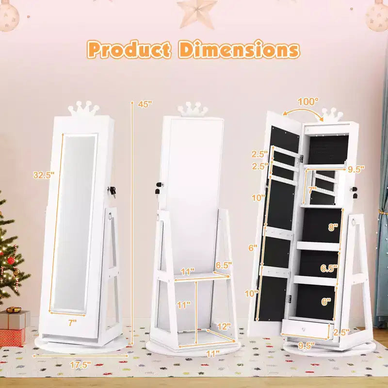 Costway Swivel Kids Jewelry Cabinet w/ Lights Full-Length Mirror & Built-in Mirror 15