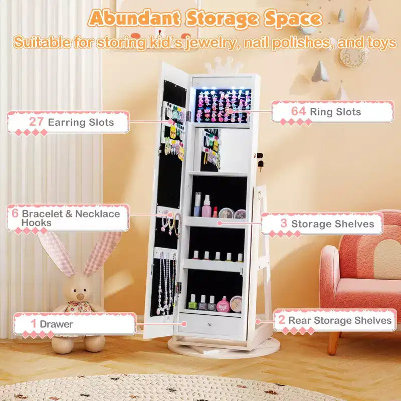 Costway Swivel Kids Jewelry Cabinet w/ Lights Full-Length Mirror & Built-in Mirror 16