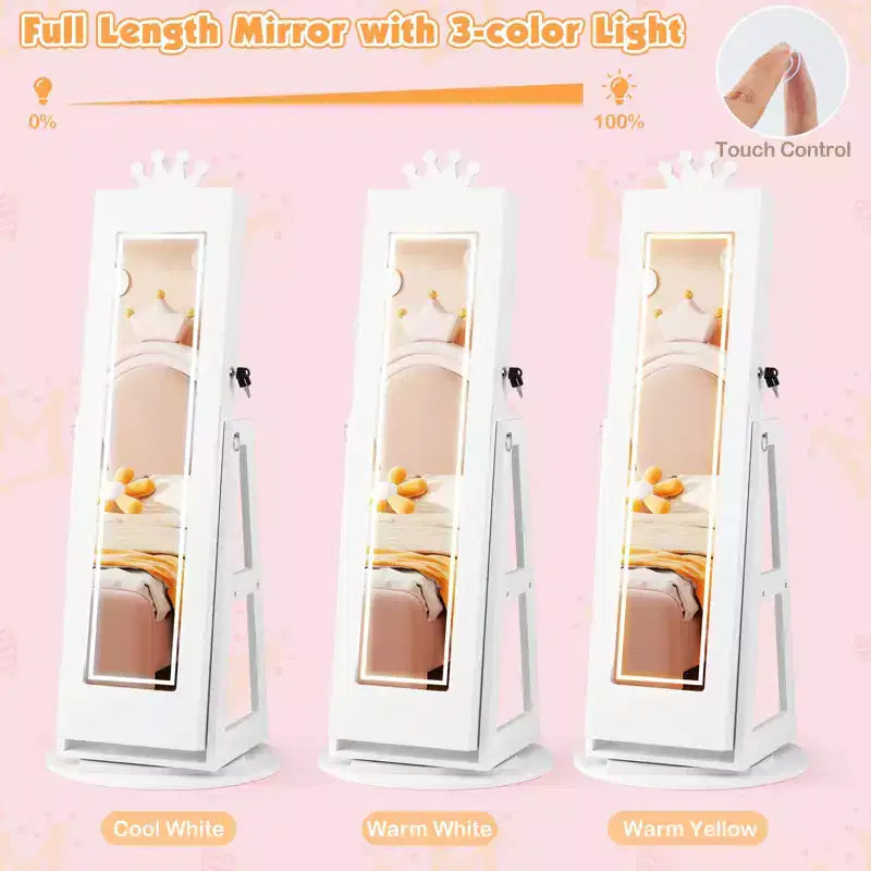 Costway Swivel Kids Jewelry Cabinet w/ Lights Full-Length Mirror & Built-in Mirror 17