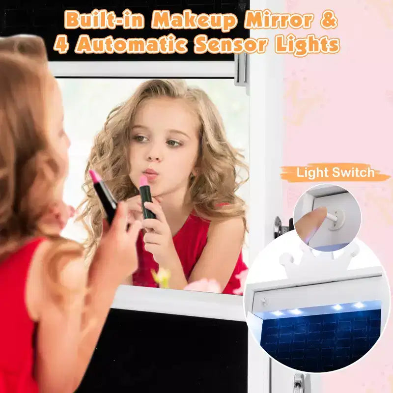 Costway Swivel Kids Jewelry Cabinet w/ Lights Full-Length Mirror & Built-in Mirror 19