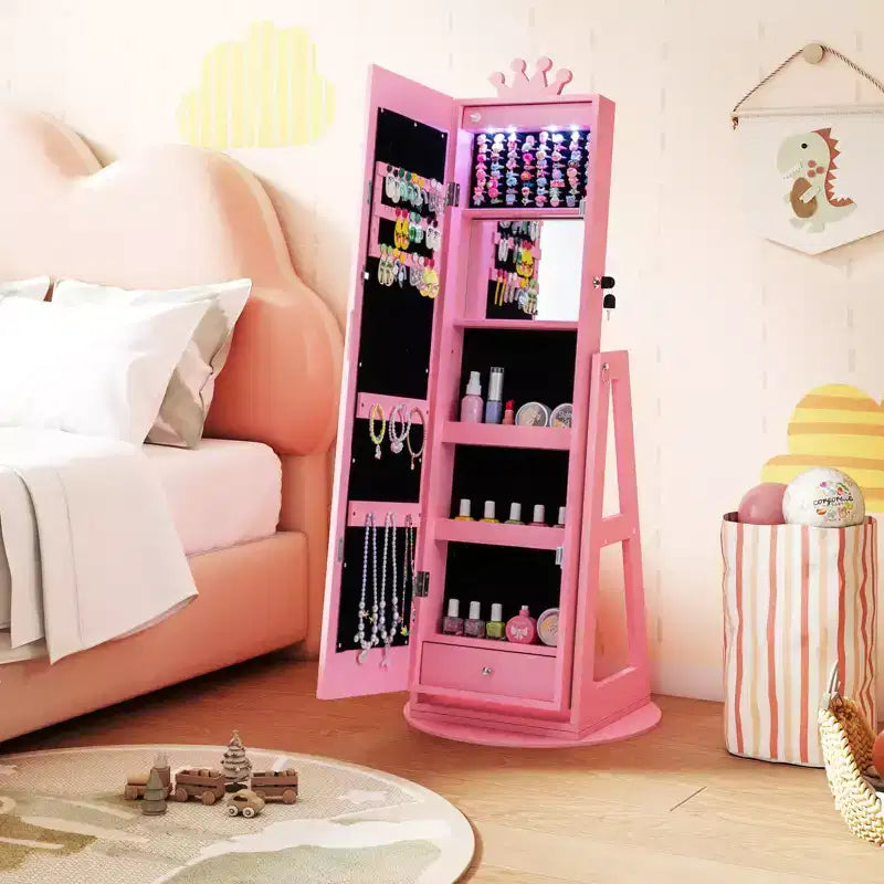 Costway Swivel Kids Jewelry Cabinet w/ Lights Full-Length Mirror & Built-in Mirror