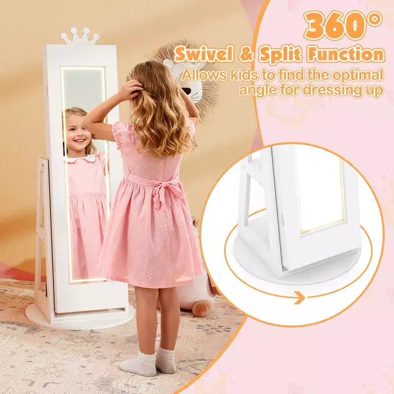 Costway Swivel Kids Jewelry Cabinet w/ Lights Full-Length Mirror & Built-in Mirror 20