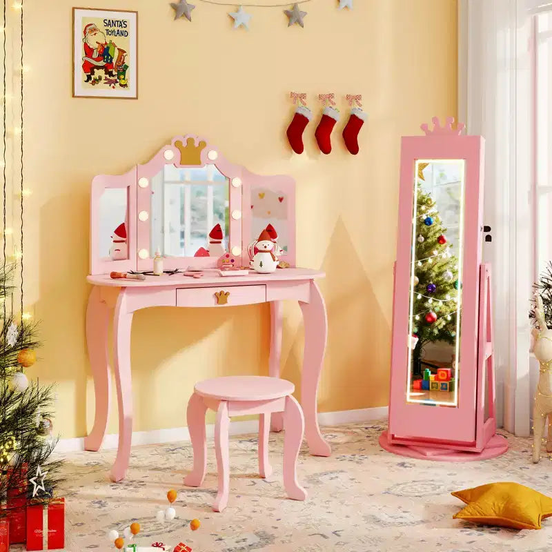 Costway Swivel Kids Jewelry Cabinet w/ Lights Full-Length Mirror & Built-in Mirror 3