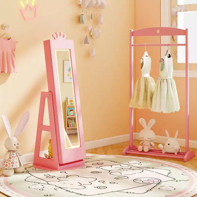 Costway Swivel Kids Jewelry Cabinet w/ Lights Full-Length Mirror & Built-in Mirror 4