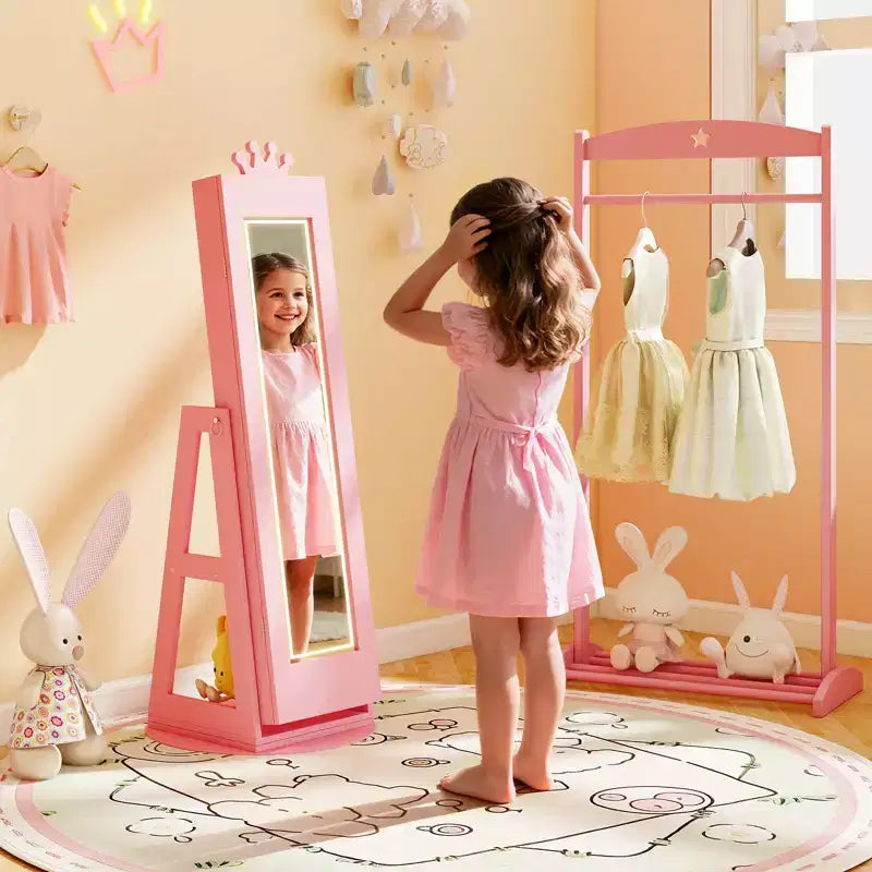 Costway Swivel Kids Jewelry Cabinet w/ Lights Full-Length Mirror & Built-in Mirror 5