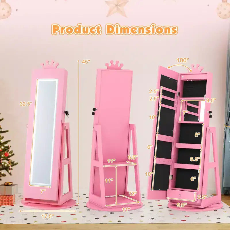 Costway Swivel Kids Jewelry Cabinet w/ Lights Full-Length Mirror & Built-in Mirror 6
