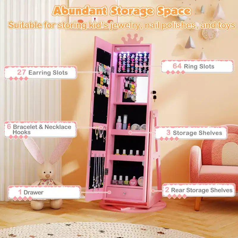 Costway Swivel Kids Jewelry Cabinet w/ Lights Full-Length Mirror & Built-in Mirror 7
