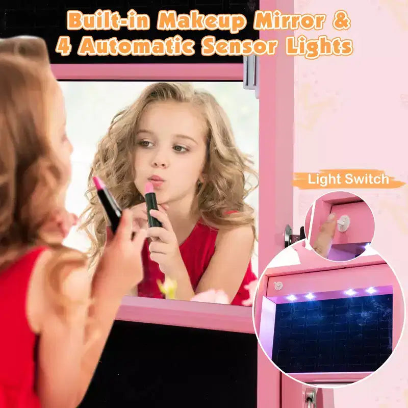 Costway Swivel Kids Jewelry Cabinet w/ Lights Full-Length Mirror & Built-in Mirror 9