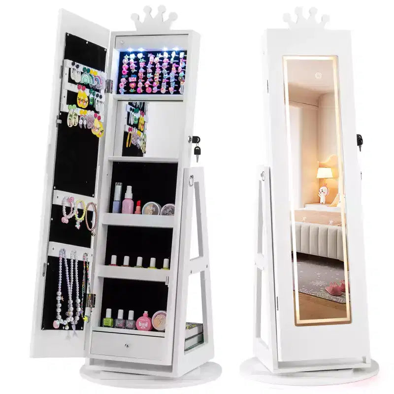 Costway Swivel Kids Jewelry Cabinet w/ Lights Full-Length Mirror & Built-in Mirror 11