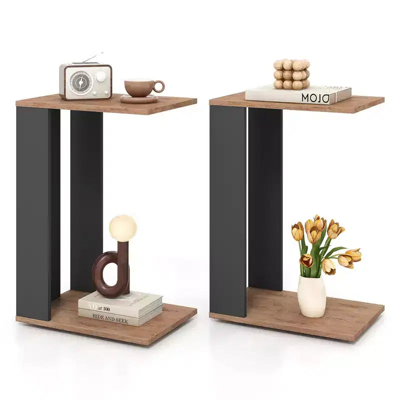 Costway 2PCS 2-Tier C Shaped Side Table w/ Universal Wheels & Shelf for Small Space
