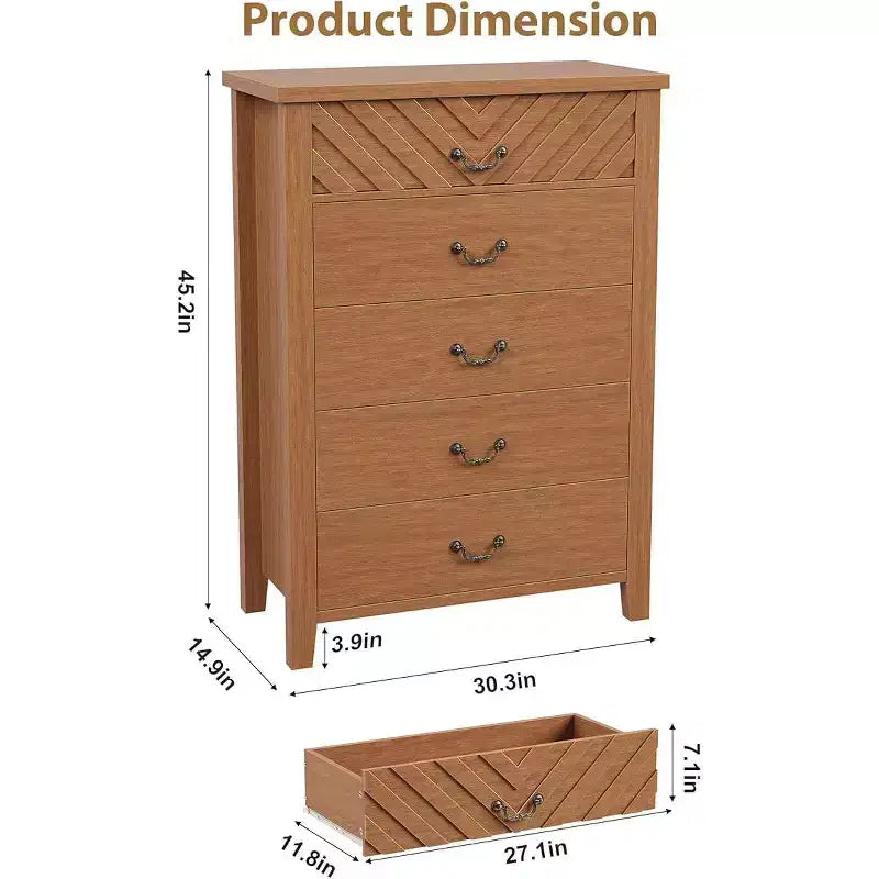 5 Drawer Dresser for Bedroom, Brown 5 Chest of Drawers Nightstand with Elegant V Shape Design, Wooden Dresser Organizer for Living Room, Nursery