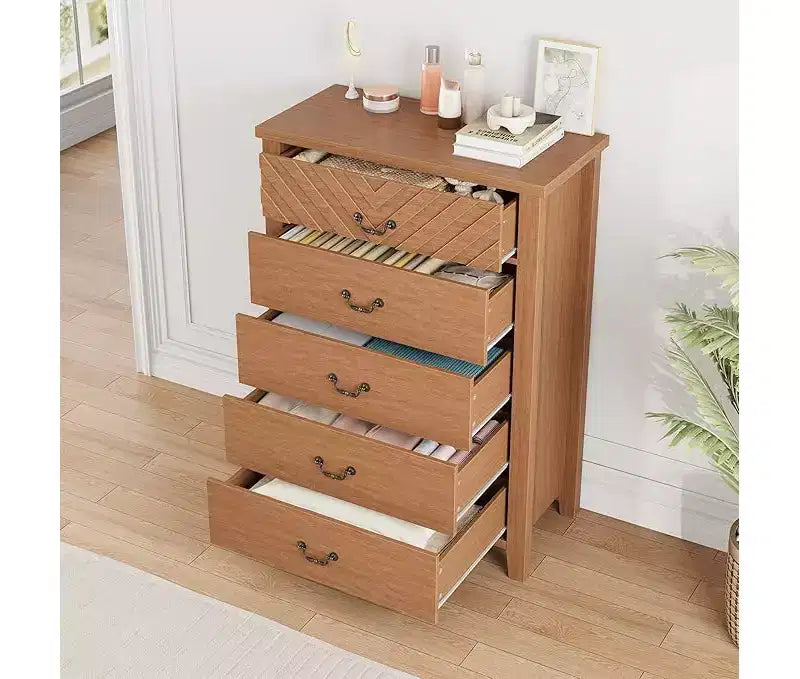 5 Drawer Dresser for Bedroom, Brown 5 Chest of Drawers Nightstand with Elegant V Shape Design, Wooden Dresser Organizer for Living Room, Nursery 3