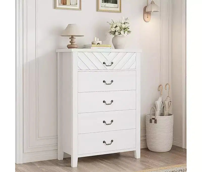 5 Drawer Dresser for Bedroom, Brown 5 Chest of Drawers Nightstand with Elegant V Shape Design, Wooden Dresser Organizer for Living Room, Nursery 8