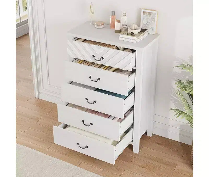 5 Drawer Dresser for Bedroom, Brown 5 Chest of Drawers Nightstand with Elegant V Shape Design, Wooden Dresser Organizer for Living Room, Nursery 9