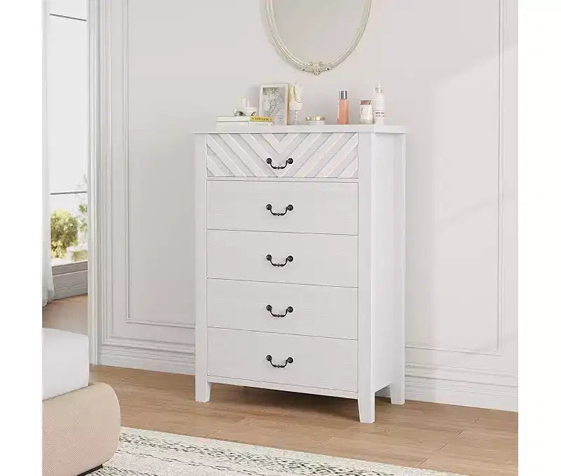 5 Drawer Dresser for Bedroom, Brown 5 Chest of Drawers Nightstand with Elegant V Shape Design, Wooden Dresser Organizer for Living Room, Nursery 6