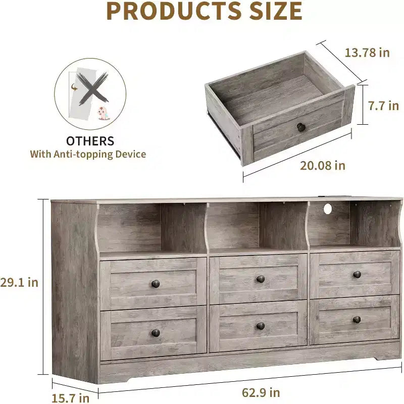 6 Drawer Dresser for Bedroom, 62.9in Slim Wooden Chest of Drawers with Open Shelf, Skinny Dresser for Nursery, Apartment, Closet Organization 11