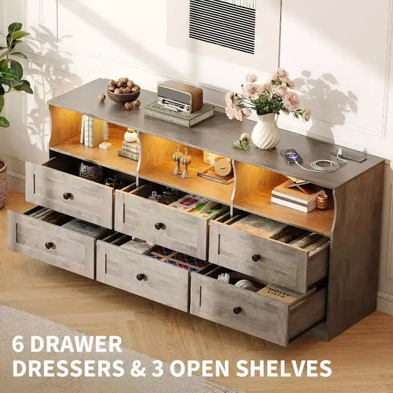 6 Drawer Dresser for Bedroom, 62.9in Slim Wooden Chest of Drawers with Open Shelf, Skinny Dresser for Nursery, Apartment, Closet Organization 12