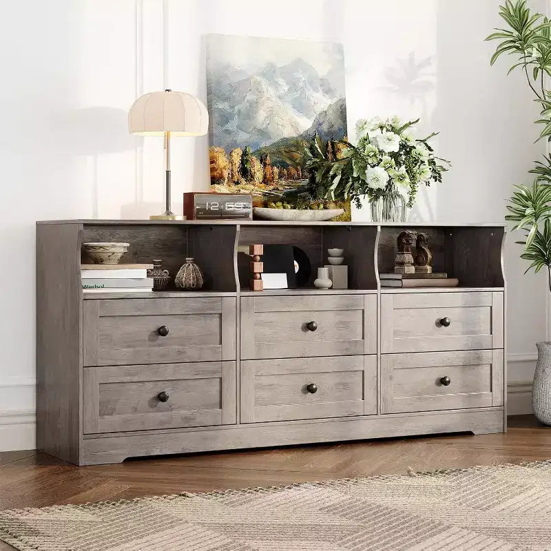 6 Drawer Dresser for Bedroom, 62.9in Slim Wooden Chest of Drawers with Open Shelf, Skinny Dresser for Nursery, Apartment, Closet Organization 14