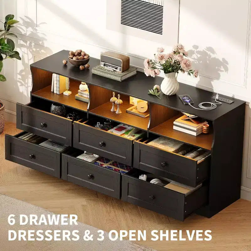 6 Drawer Dresser for Bedroom, 62.9in Slim Wooden Chest of Drawers with Open Shelf, Skinny Dresser for Nursery, Apartment, Closet Organization 3