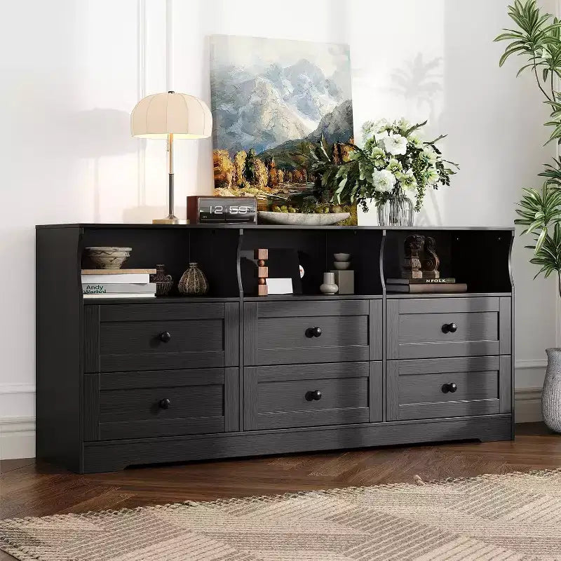 6 Drawer Dresser for Bedroom, 62.9in Slim Wooden Chest of Drawers with Open Shelf, Skinny Dresser for Nursery, Apartment, Closet Organization 5