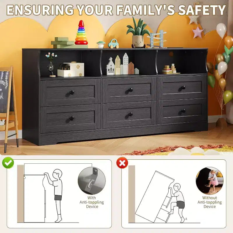 6 Drawer Dresser for Bedroom, 62.9in Slim Wooden Chest of Drawers with Open Shelf, Skinny Dresser for Nursery, Apartment, Closet Organization 6