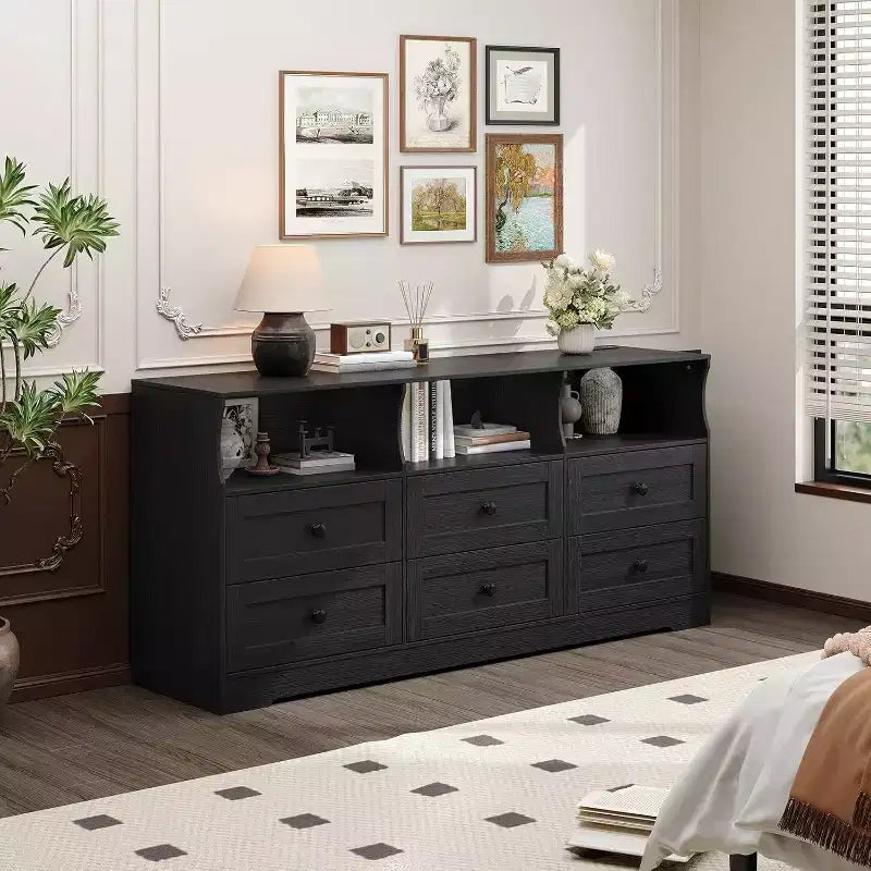 6 Drawer Dresser for Bedroom, 62.9in Slim Wooden Chest of Drawers with Open Shelf, Skinny Dresser for Nursery, Apartment, Closet Organization