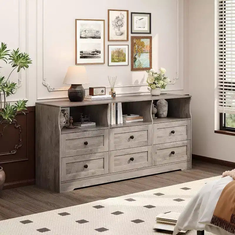 6 Drawer Dresser for Bedroom, 62.9in Slim Wooden Chest of Drawers with Open Shelf, Skinny Dresser for Nursery, Apartment, Closet Organization 10
