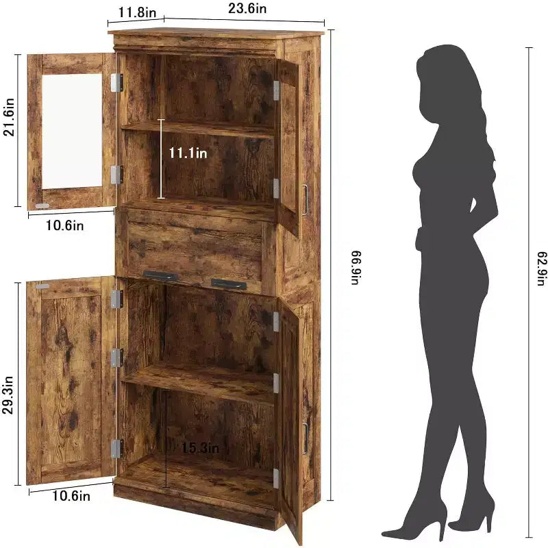 67 H Tall Bathroom Storage Cabinet,4 Doors & Flip Glass Drawer, Freestanding Organizer with Adjustable Shelves for Kitchen, Pantry, Living Room