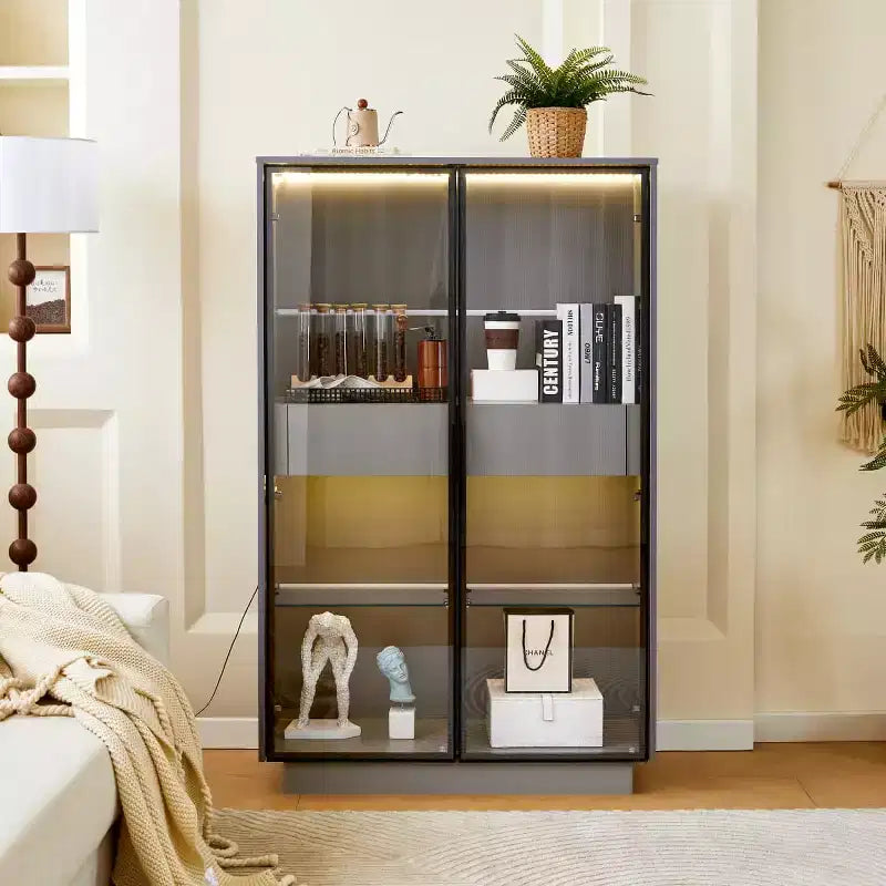 60.6 Tall Display Cabinet with Drawers and Glass Shelves, Modern Storage Unit with LED Lights For Living Room - Panipeachy
