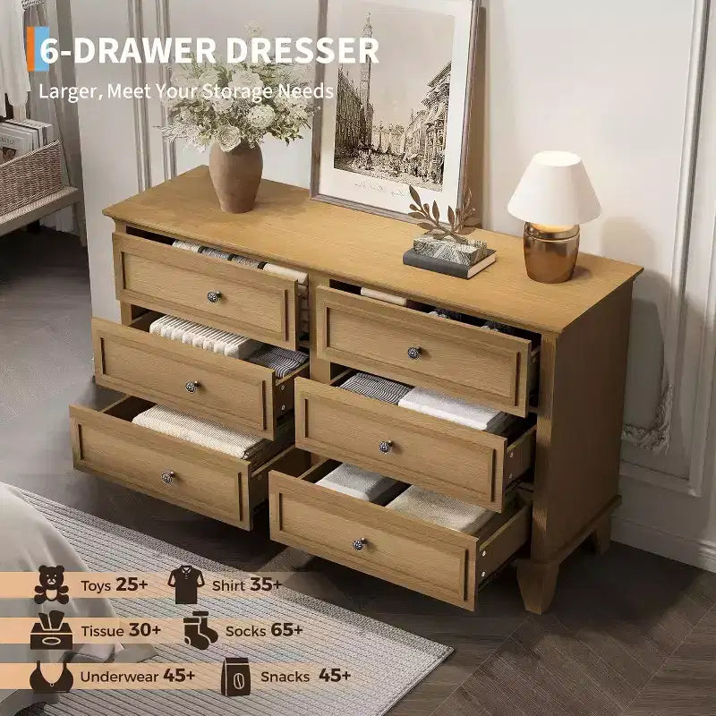 6 Drawer Dresser, Wooden Storage Chest of Drawers, Large Wide Dresser TV Stand, Modern Drawer Organizer for Bedroom, Living Room, Hallway, Entryway 11