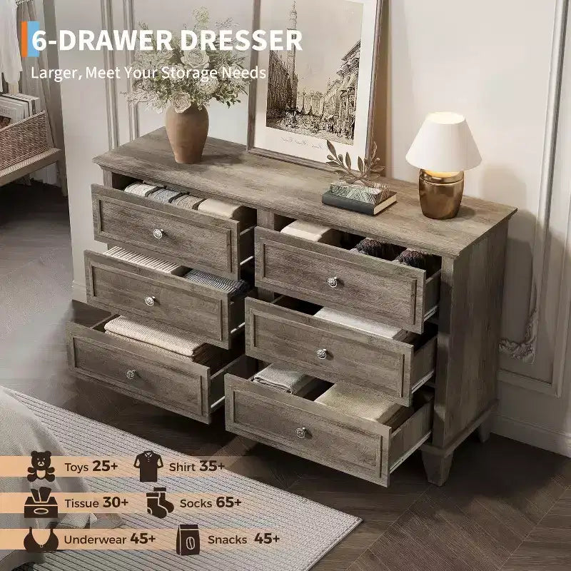 6 Drawer Dresser, Wooden Storage Chest of Drawers, Large Wide Dresser TV Stand, Modern Drawer Organizer for Bedroom, Living Room, Hallway, Entryway 19