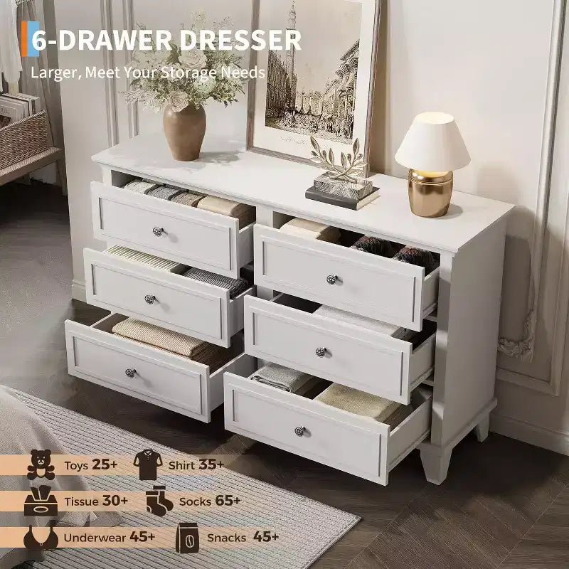 6 Drawer Dresser, Wooden Storage Chest of Drawers, Large Wide Dresser TV Stand, Modern Drawer Organizer for Bedroom, Living Room, Hallway, Entryway 26