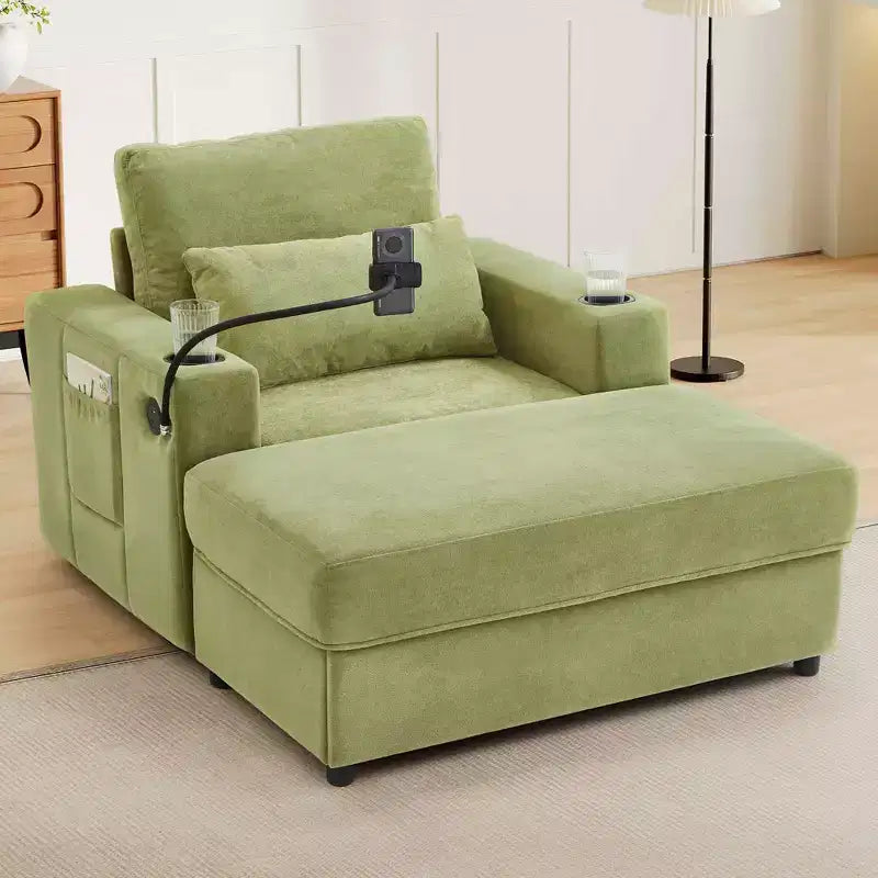 Poltrona moderna MAYEERTY da 42,5" con divano chaise longue e pouf mobile con contenitore, due portabicchieri e tasche laterali per soggiorno, colore verde