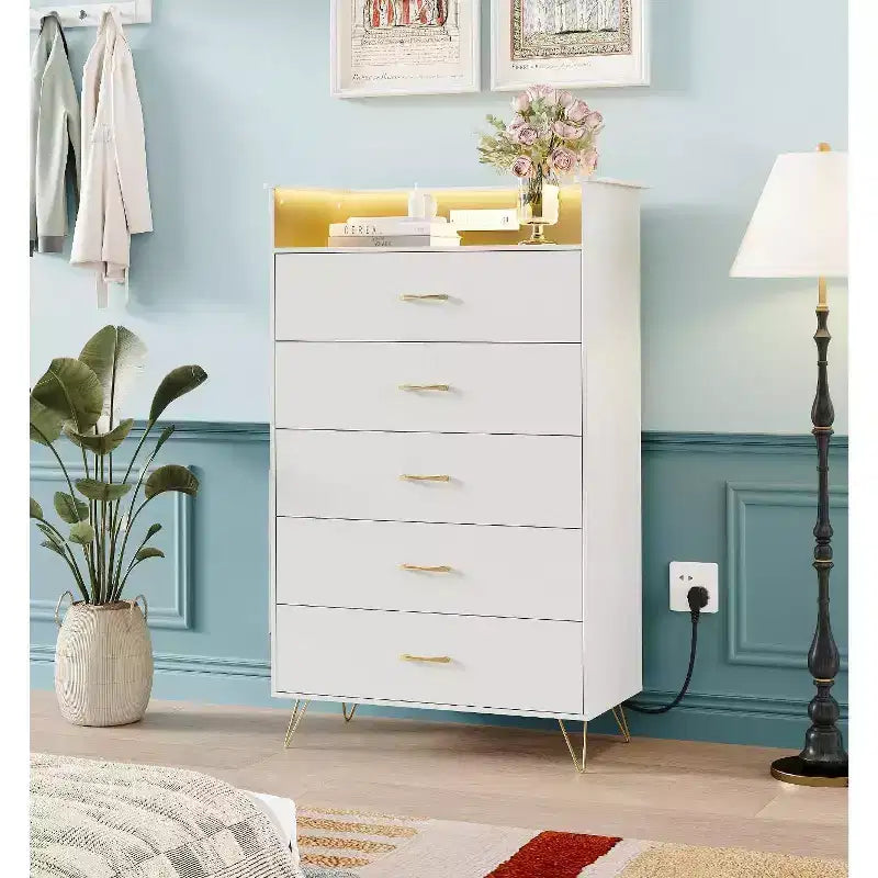 5-Drawer Dresser with LED Lights, App-Controlled Charging Station for Living Room, White