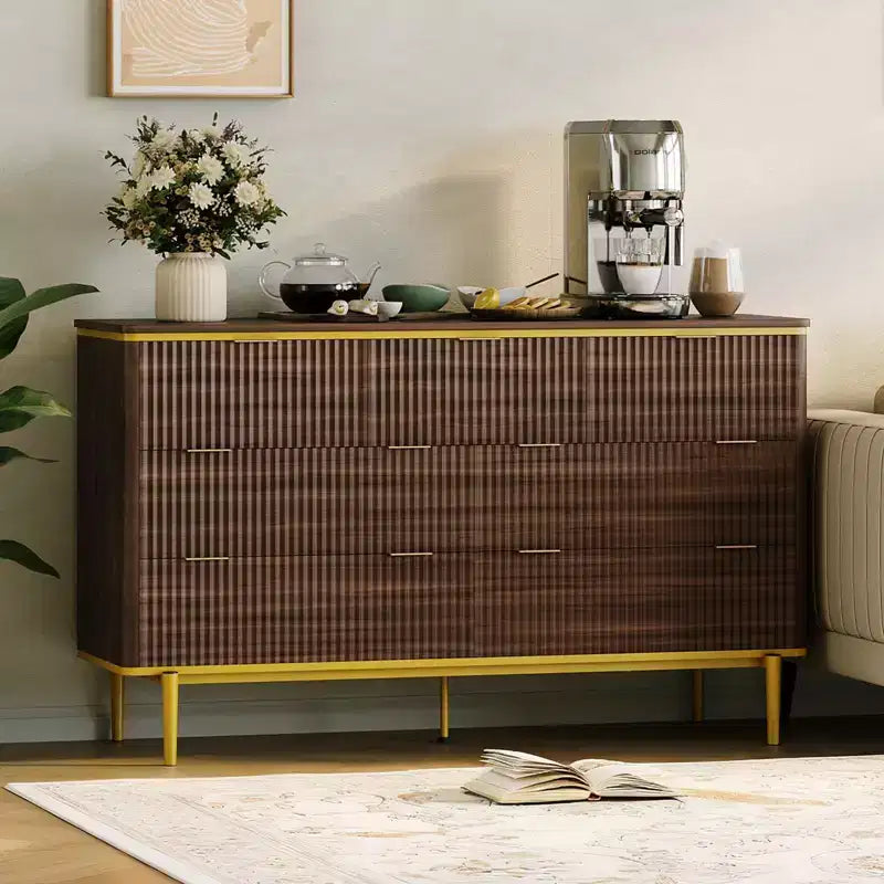 7 Drawers Dresser for Bedroom, 54in Wide Fluted Chest of Drawers Dresser Wood Storage Cabinet Curved Design TV Stand with Gold Metal Handles 10